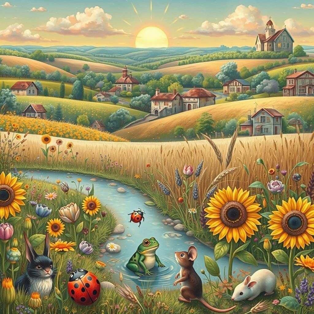 Whimsical Pond Scene with Frog, Ladybug, and Mouse