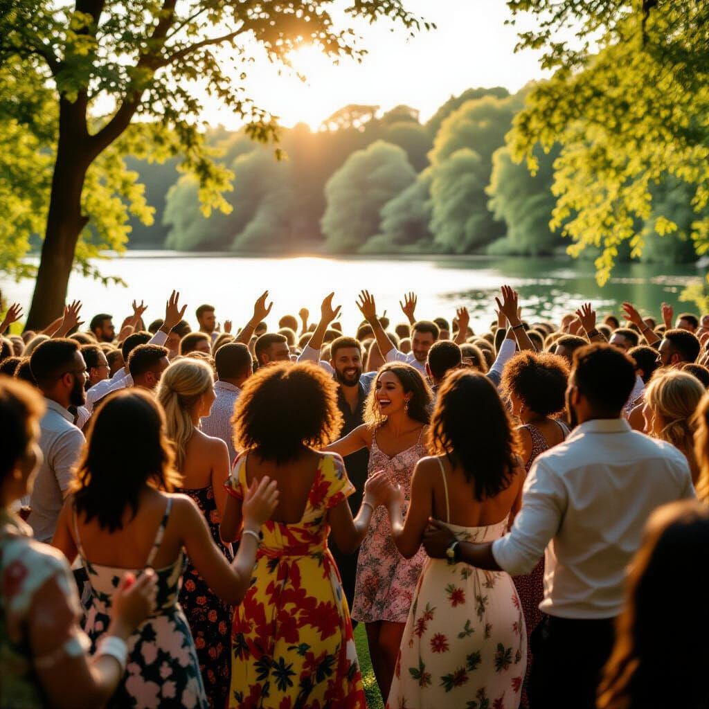 Diverse Crowd Dancing in Lush Park, Cinematic Film