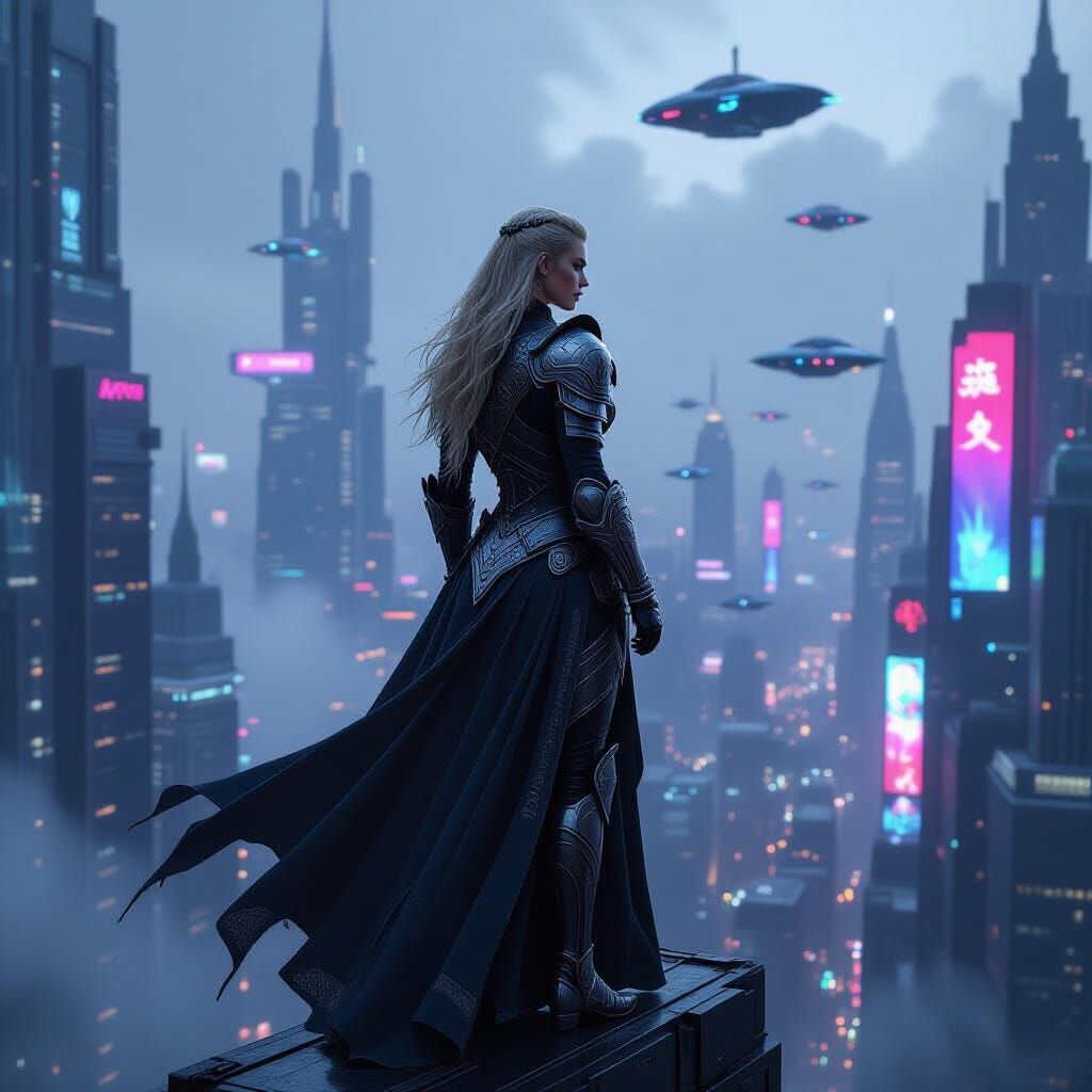 Valkyrie in Cyberpunk Cityscape