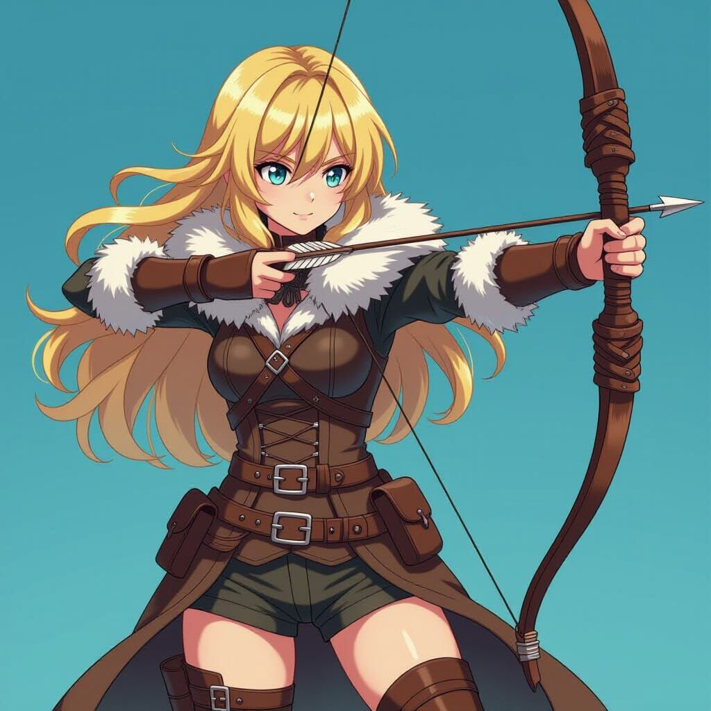 Anime Archer Woman in Fur-Lined Leather Gear