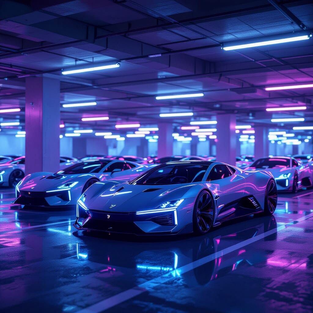 Futuristic Cars in Neon-Lit Cyberpunk Garage