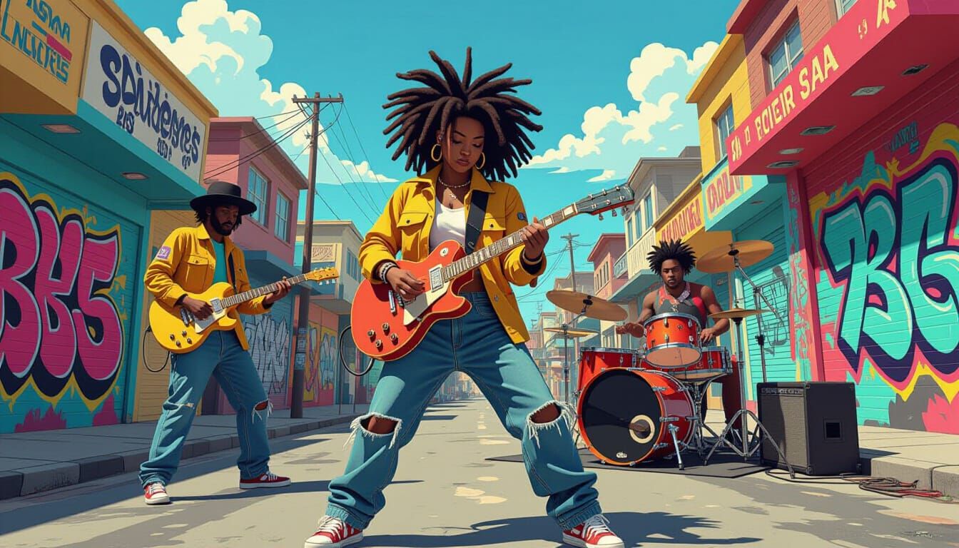 Vibrant Dancehall Scene with Street Art Elements