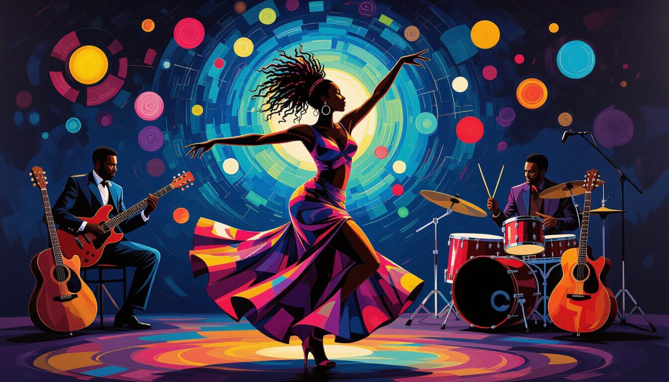 Vibrant Dancer in Swirling Lights, Expressive Art Style