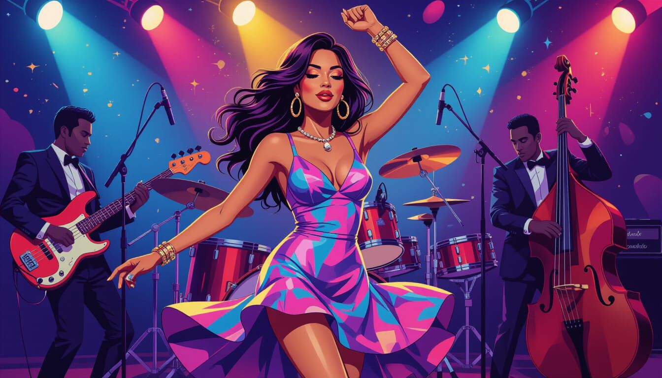 Vibrant Dancer in Nightclub, Illustrative Pop Surrealism