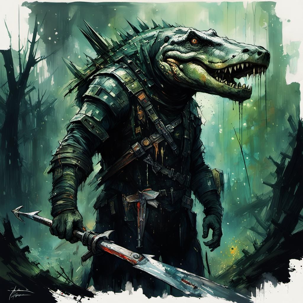 Dark Fantasy Werecrocodile in High Gothic Swamp