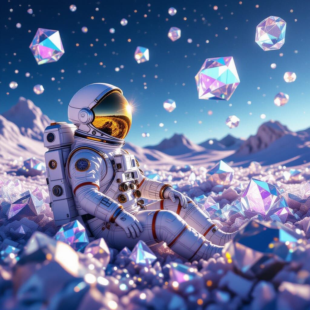 Astronaut in Steampunk Suit Among Crystal Asteroids