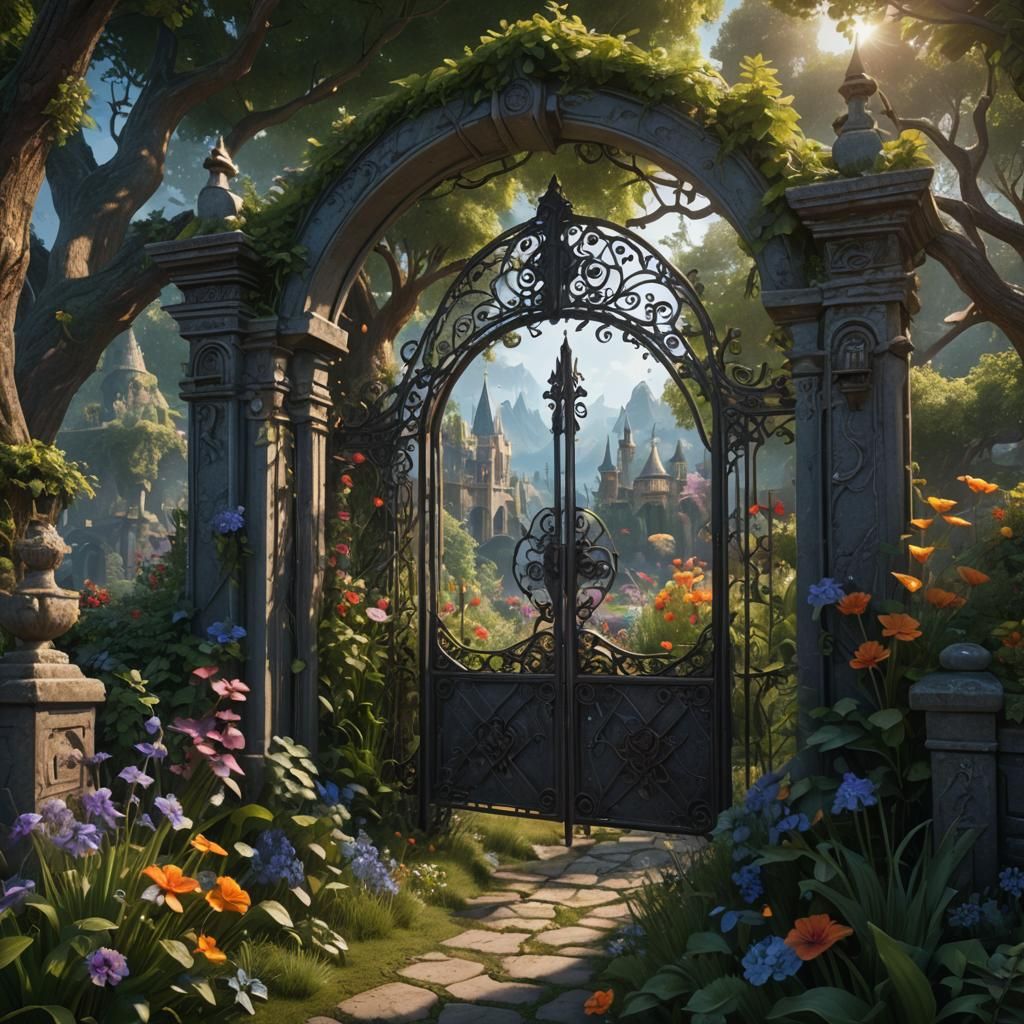 Fantastical Garden Gate in Detailed Matte Painting Style