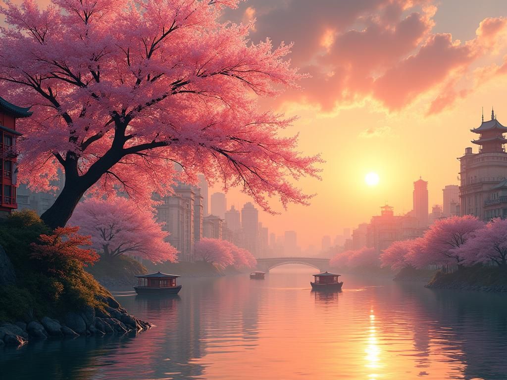 Japanese Sunset Over Cityscape with Cherry Blossoms