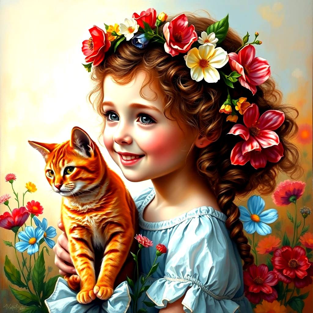 Whimsical Childhood Wonder with Crimson Cat and Floral Crown