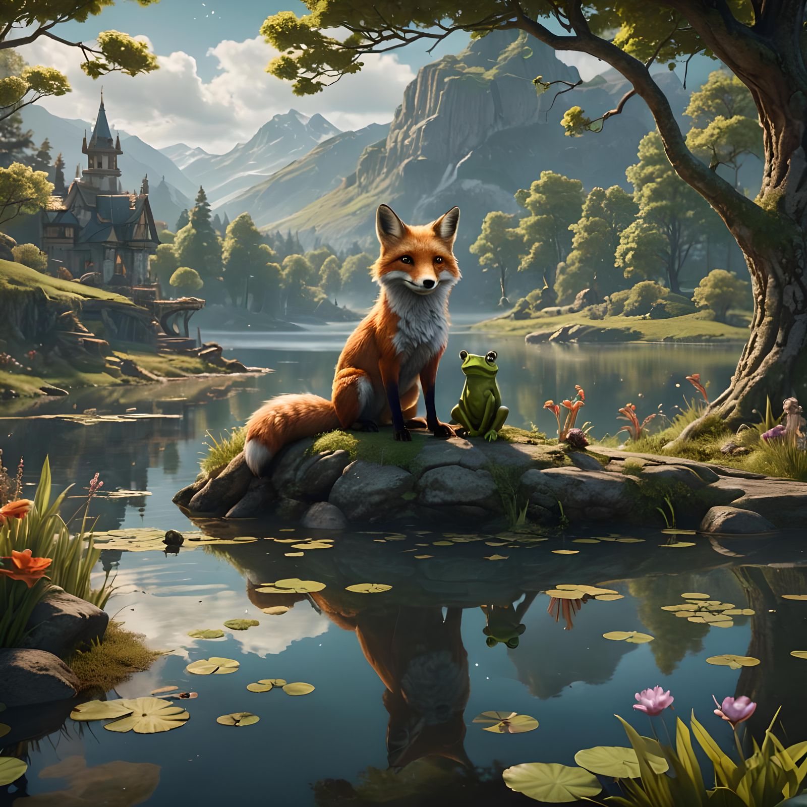 Fox and Frog by a Lake: Fantasy Art