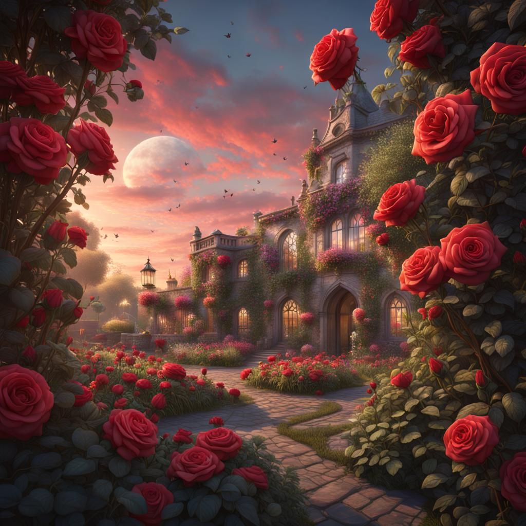 Red Roses in Pastel Sky: Fantasy Concept Art