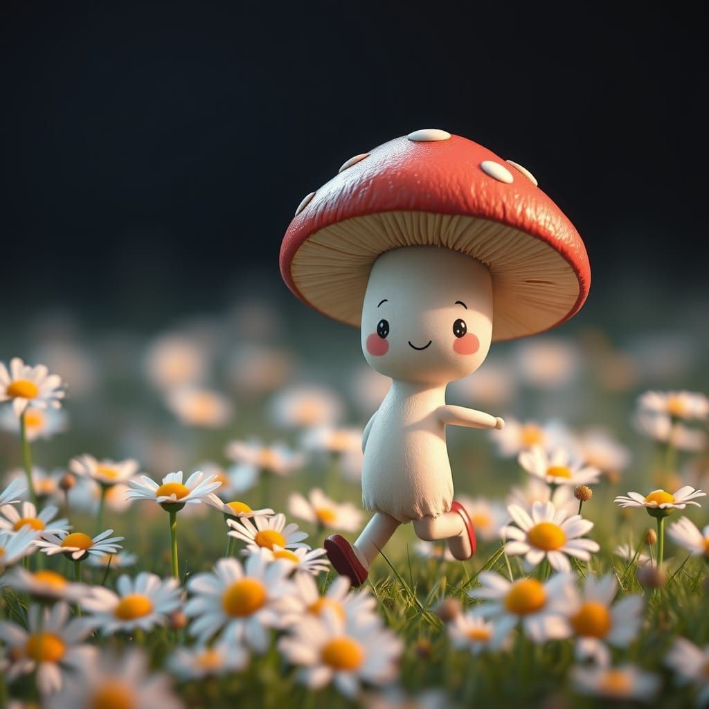 Happy Mushroom Skipping in Daisy Field: Kawaii Art
