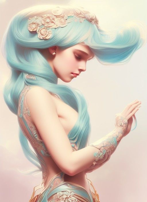 Turquoise Haired Girl: Digital Art Nouveau Portrait