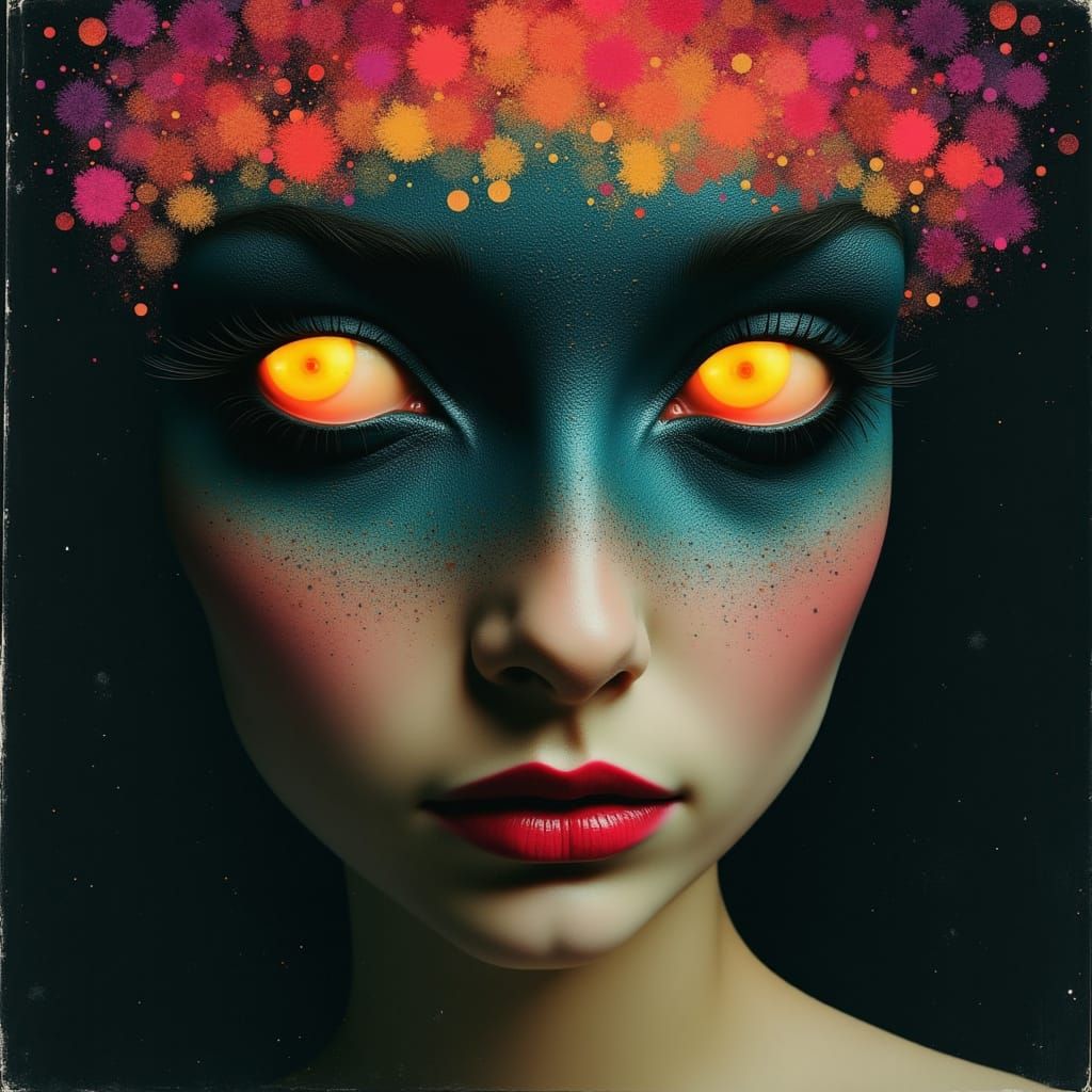 Surreal Midnight Scene in Vibrant Mixed Media