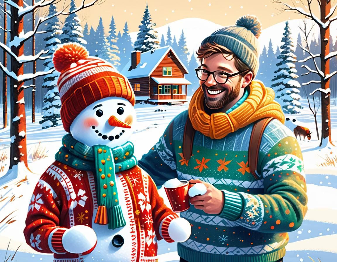 Christmas Snowman Friends Enjoying Winter Cabin Fun