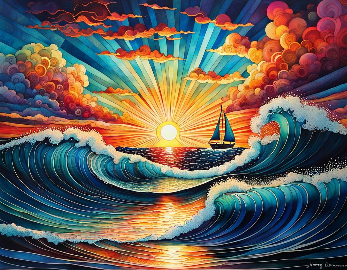 Magical Sunset Ocean Waves in Cubist Zentangle Style