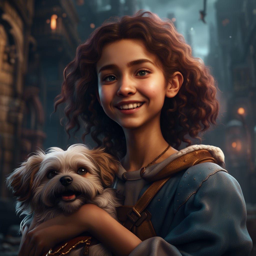 Girl and Dog Smiling: Detailed Matte Painting