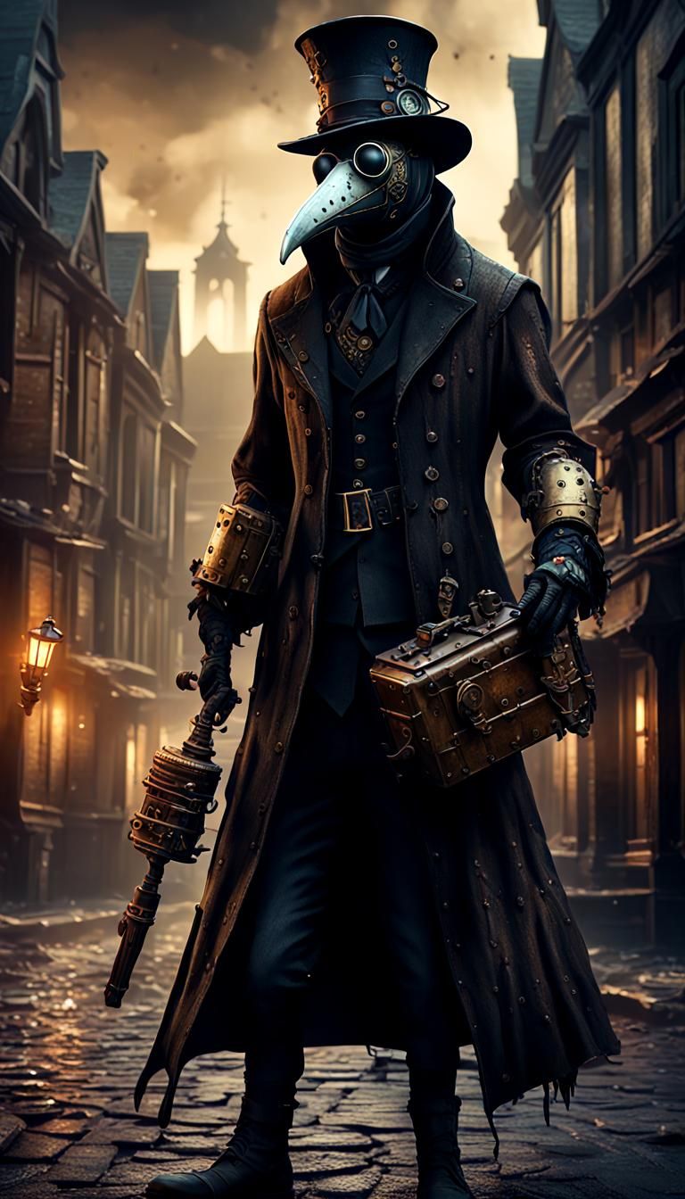 Steampunk Plague Doctor in Dark Cityscape