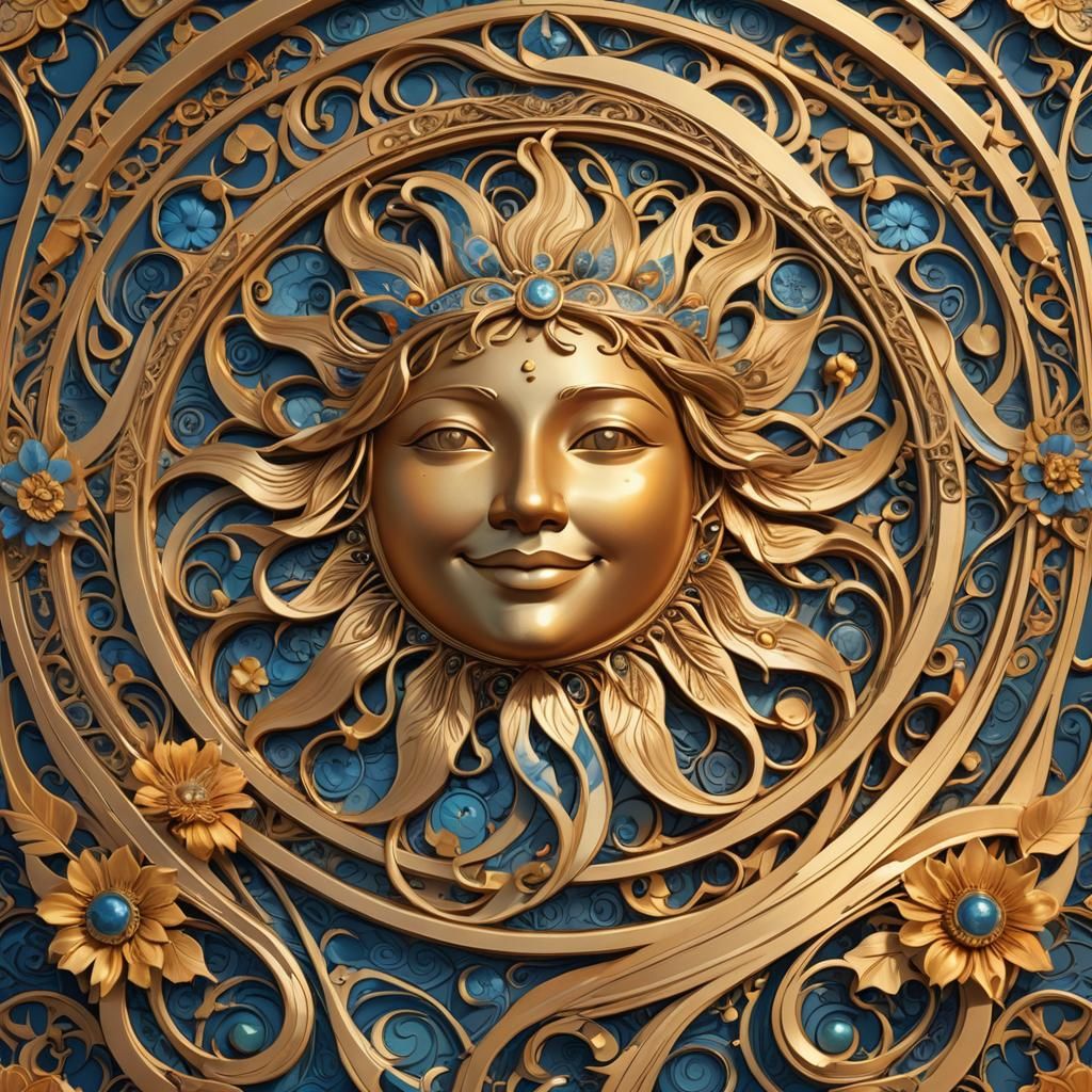 Art Nouveau Smiling Sun with Golden Florals