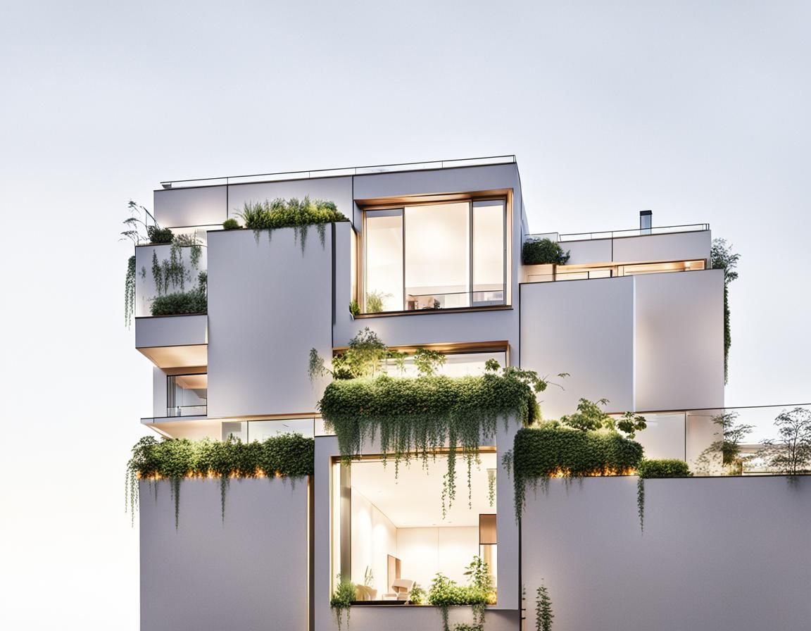 "An residential building in evening lights with ample vegeta...