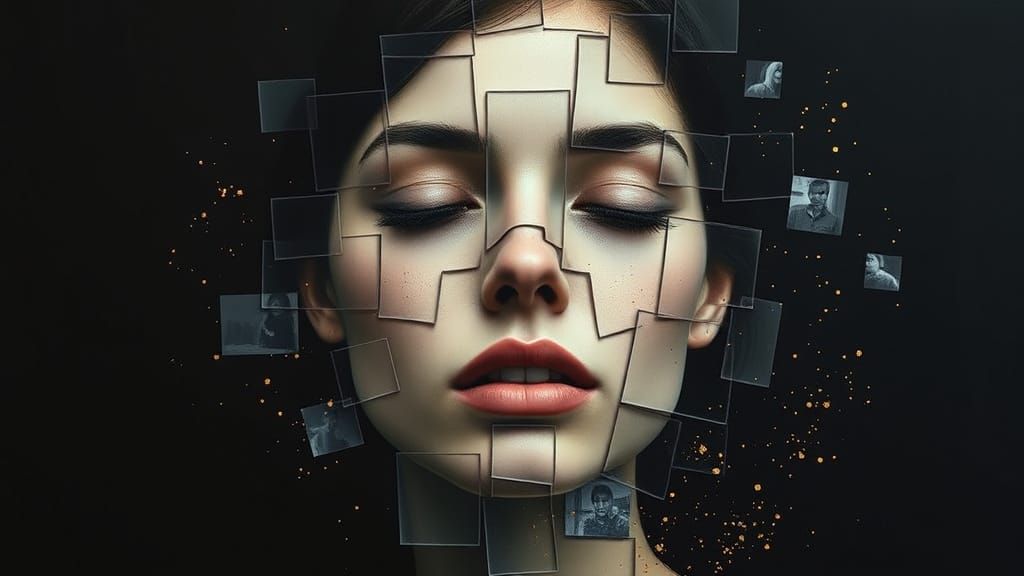A layered collage portrait of a woman’s face fragmented into semi-transparent glass and paper tiles, each piece imprinte...