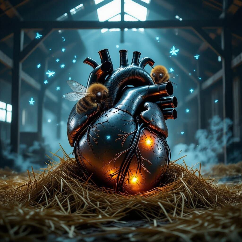 Colossal Biomechanical Heart in Misty Barn