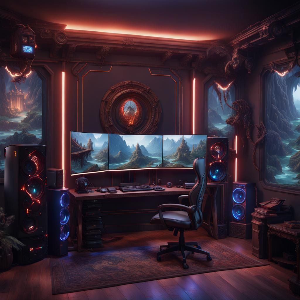 Detailed Gaming PC Setup in Fantasy Concept Art