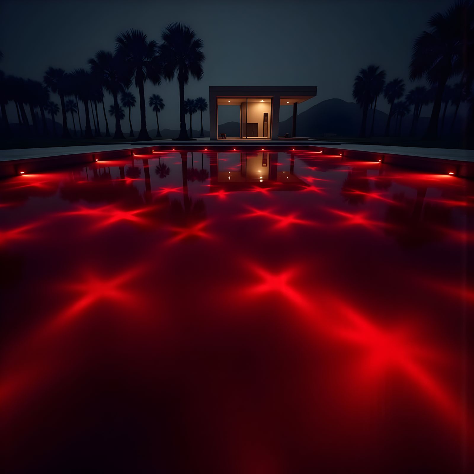 Surreal Nighttime Scene with Blood-Red Pool and Dark Palm Tr...