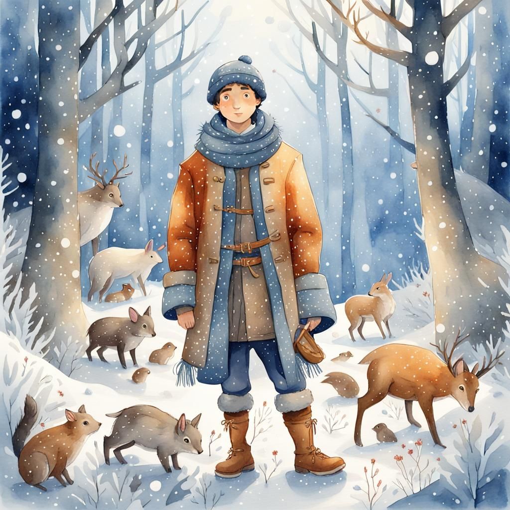 Pai Natal in Snowy Forest Watercolor Illustration