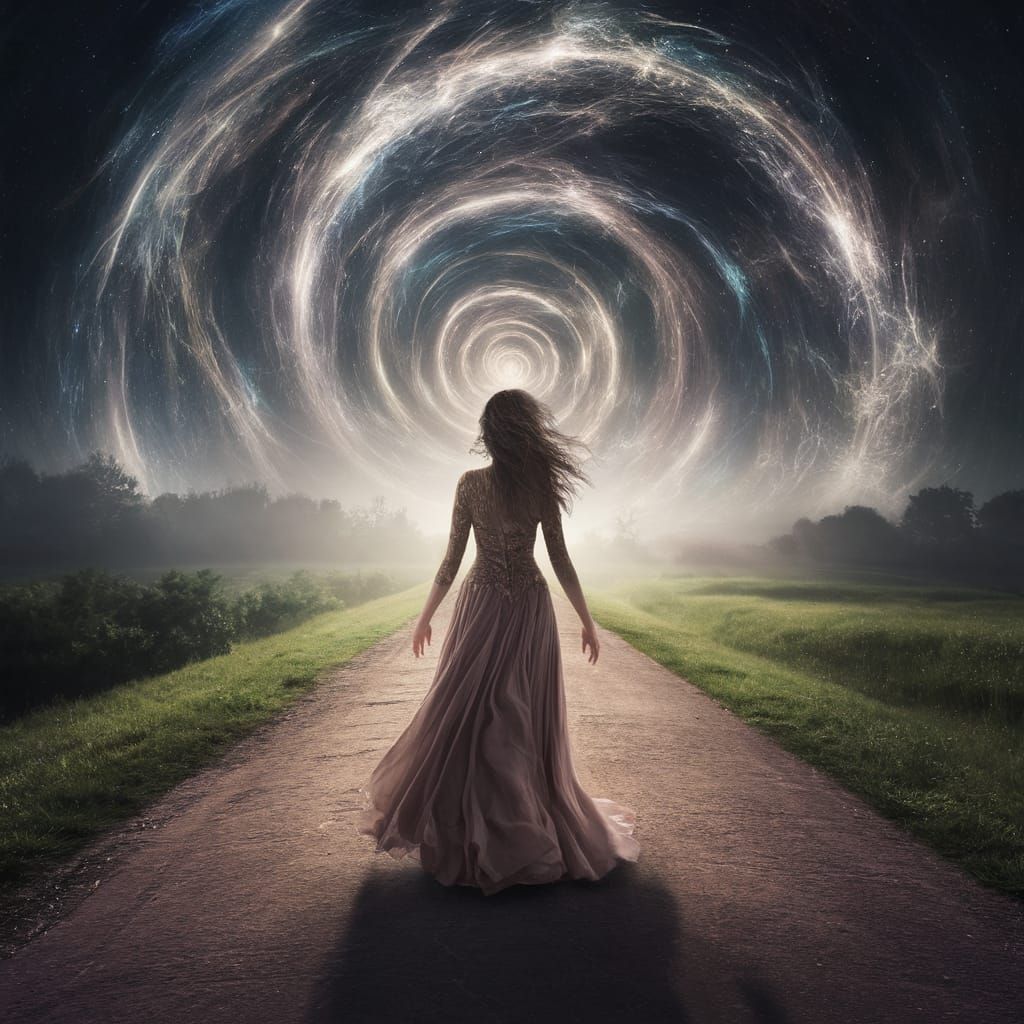 Surreal Lady Walks Towards Cosmic Portal in Whirling Nebulae