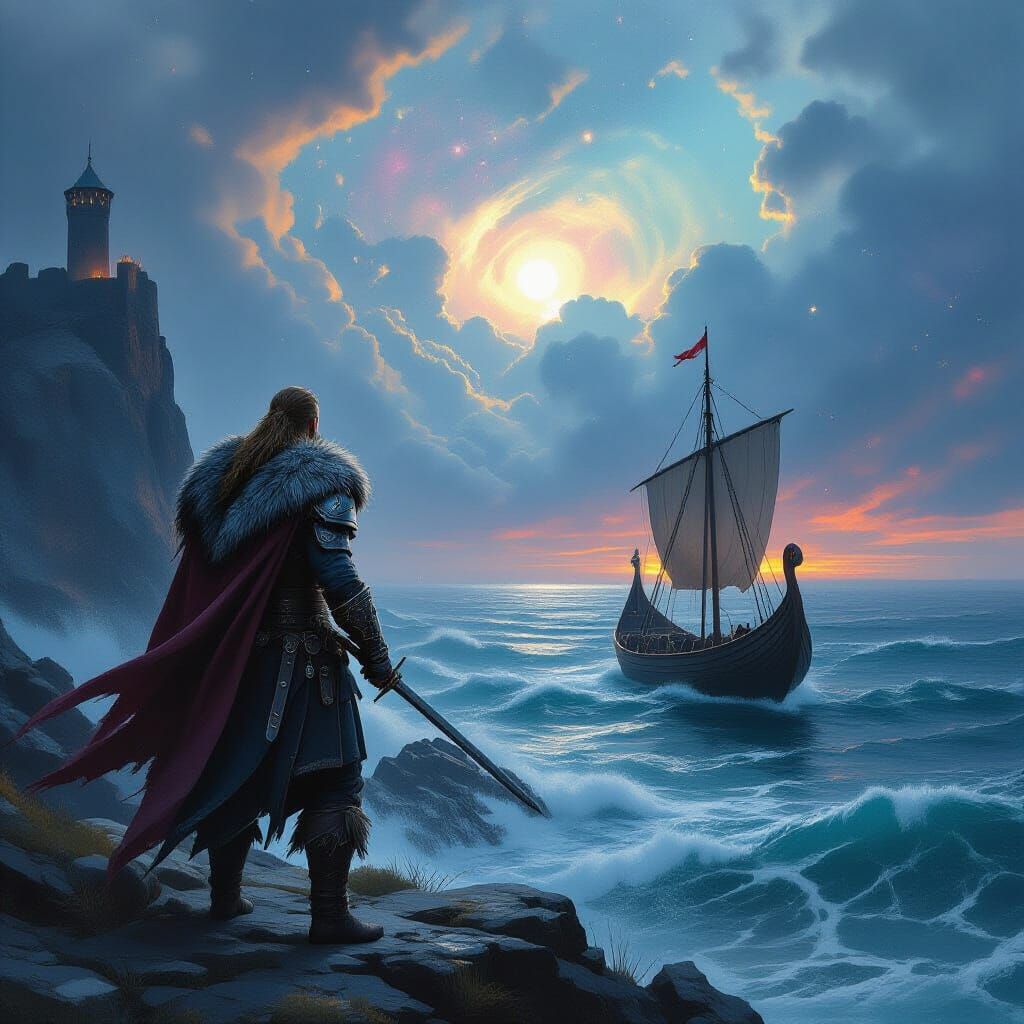 Viking Warrior on Cliff Overlooking Sea, Impressionistic Sty...