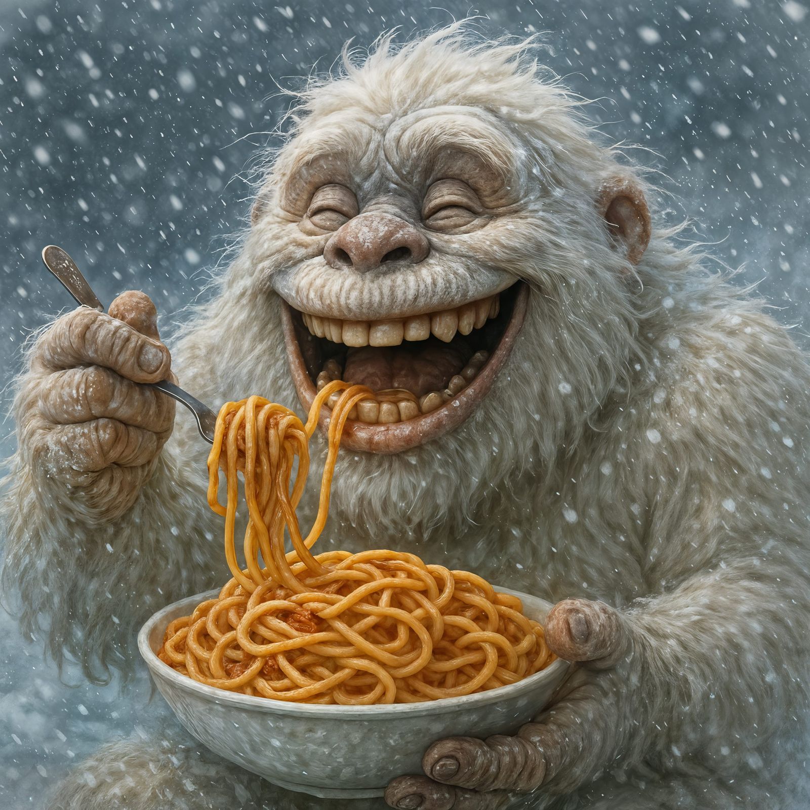 Happy Yeti Eating Spaghetti in Snowstorm