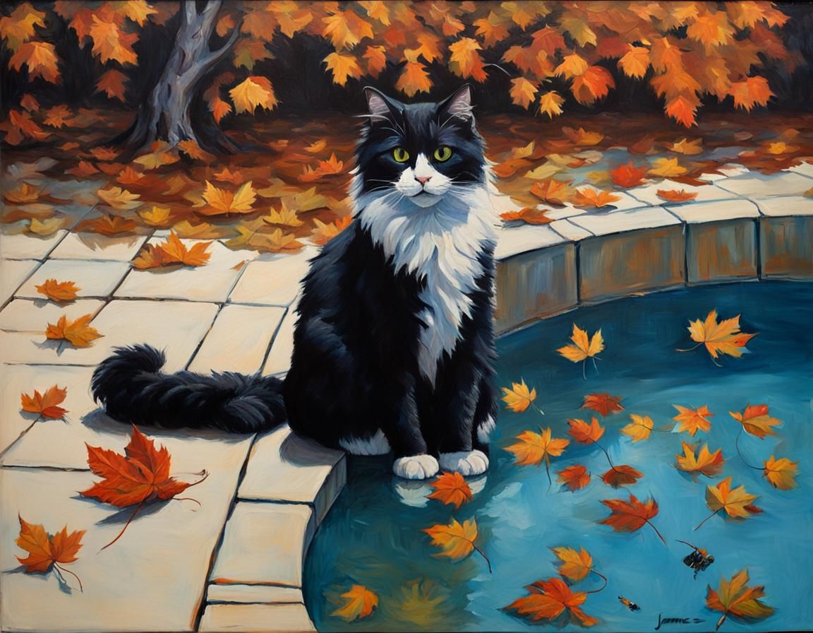 Autumnal Cat Contemplates Dragonfly: Oil Painting