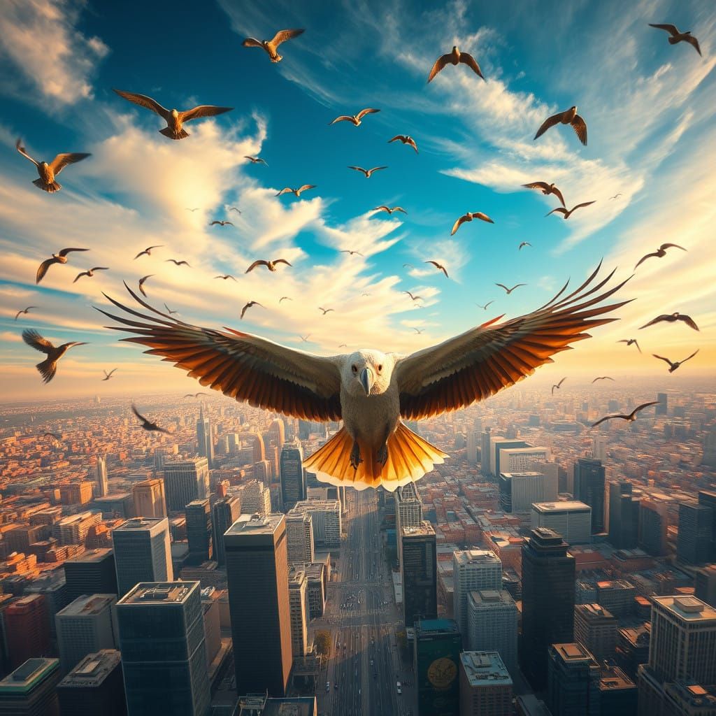 Bird's Eye View of City Skyline in Vibrant Flight