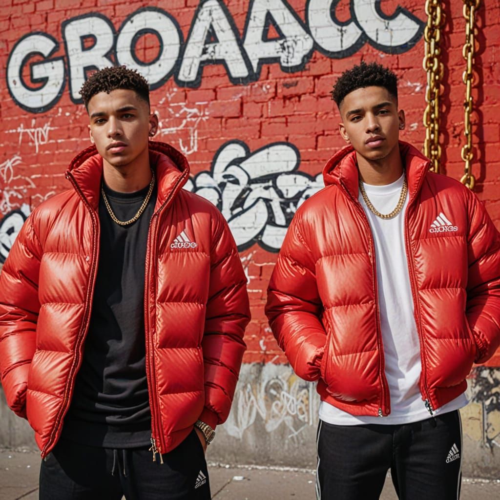 Athletes in Red Puffer Jackets with Urban Graffiti