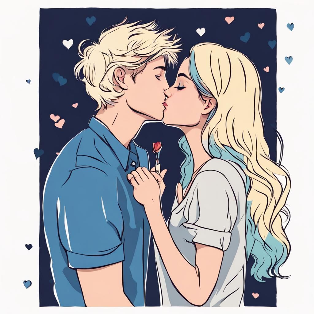 Romantic Kiss Between a Blonde and Blue-Haired Couple
