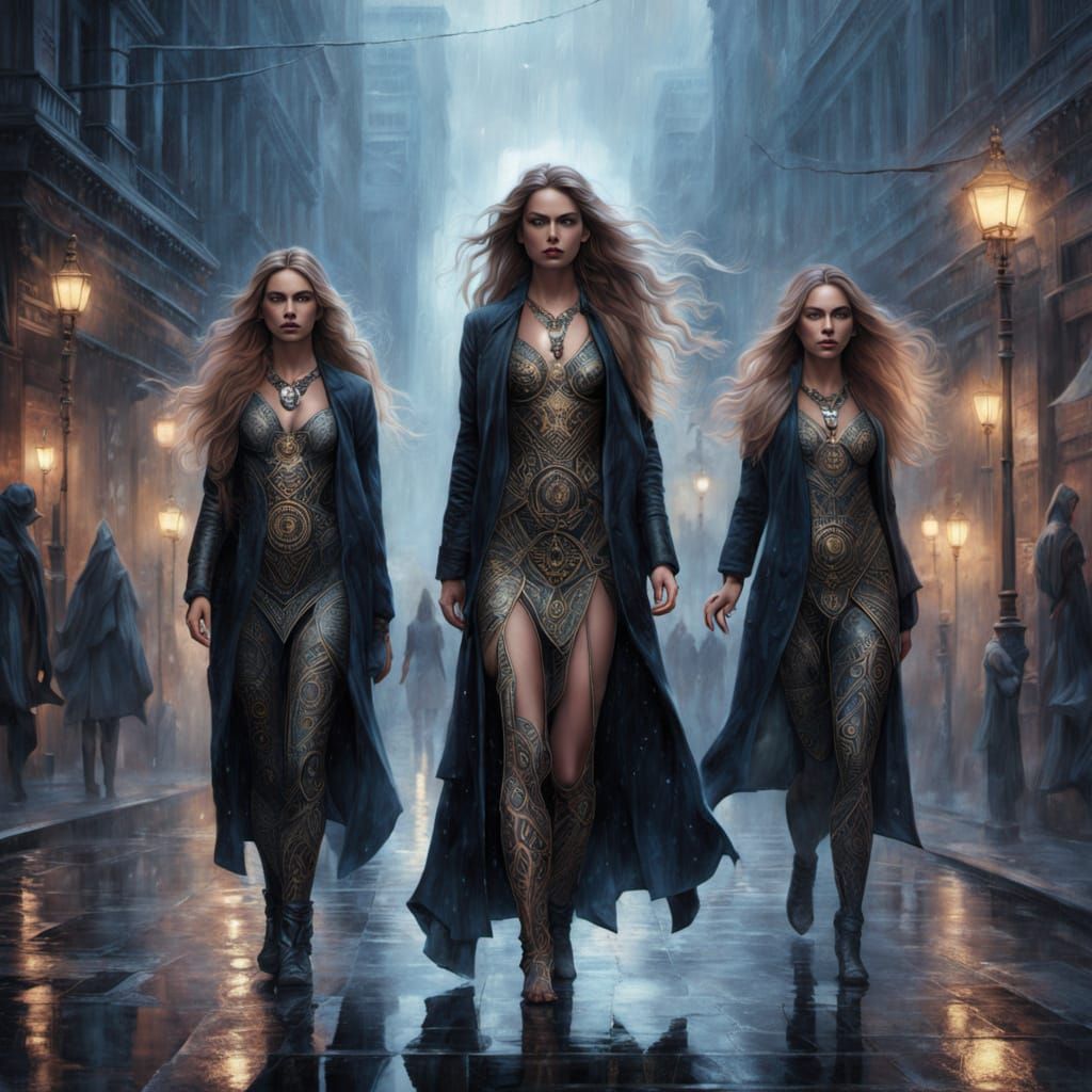 Mysterious Women in Misty City with Glowing Runes