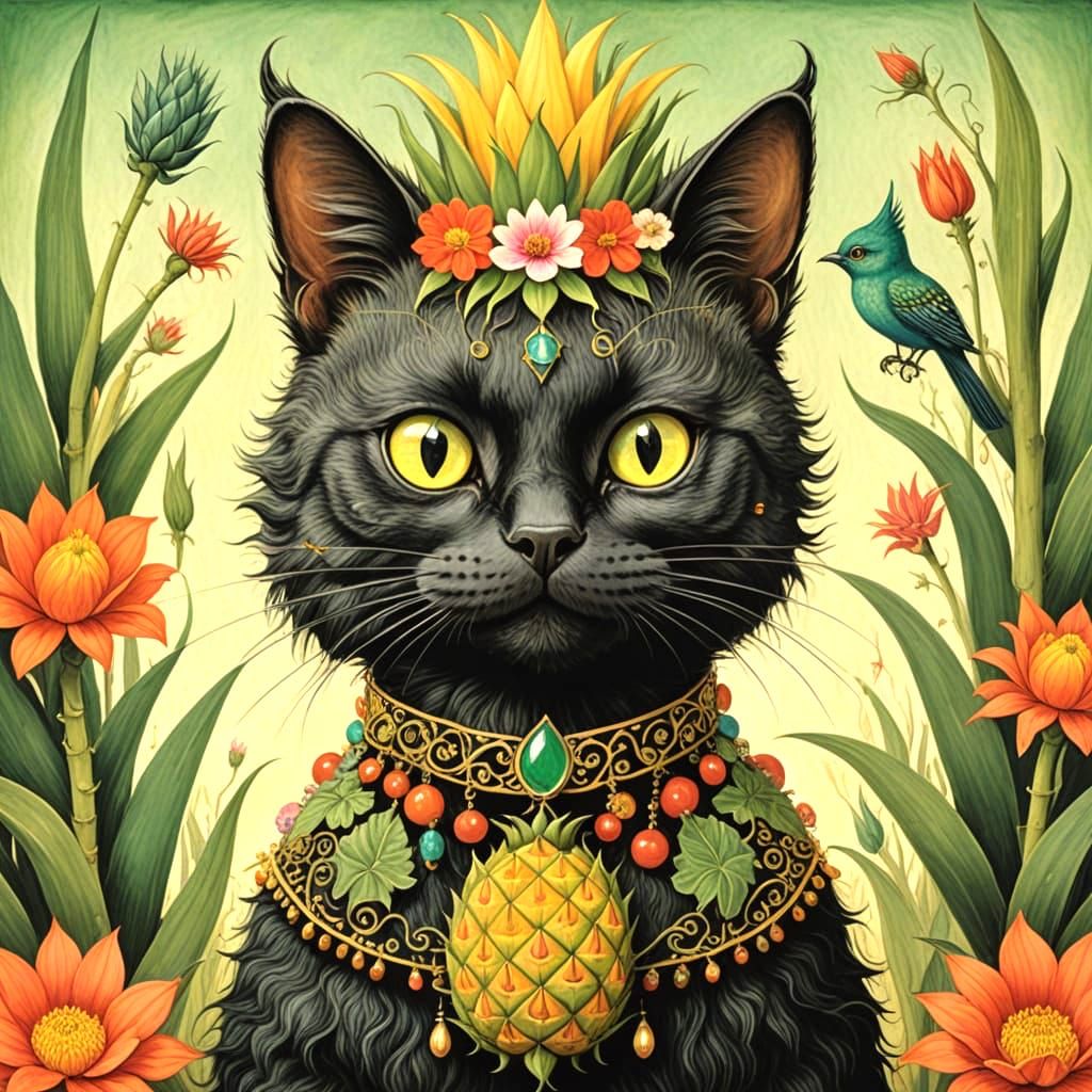 Medium shot low angle of a smiling  pineapple cat looking like Frida Kahlo with weird green shoots and yellow fur.