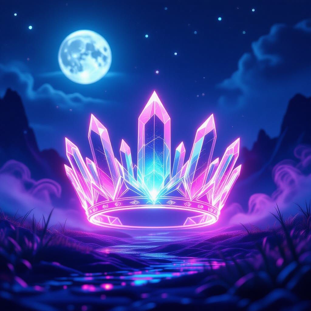 Radiant Neon Crystal Crown in Ethereal Nocturnal Landscape