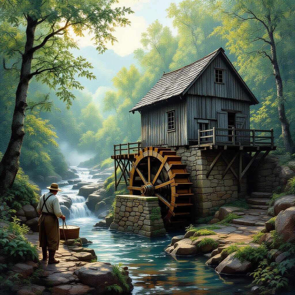 Picturesque Watermill in Wooded Valley Landscape