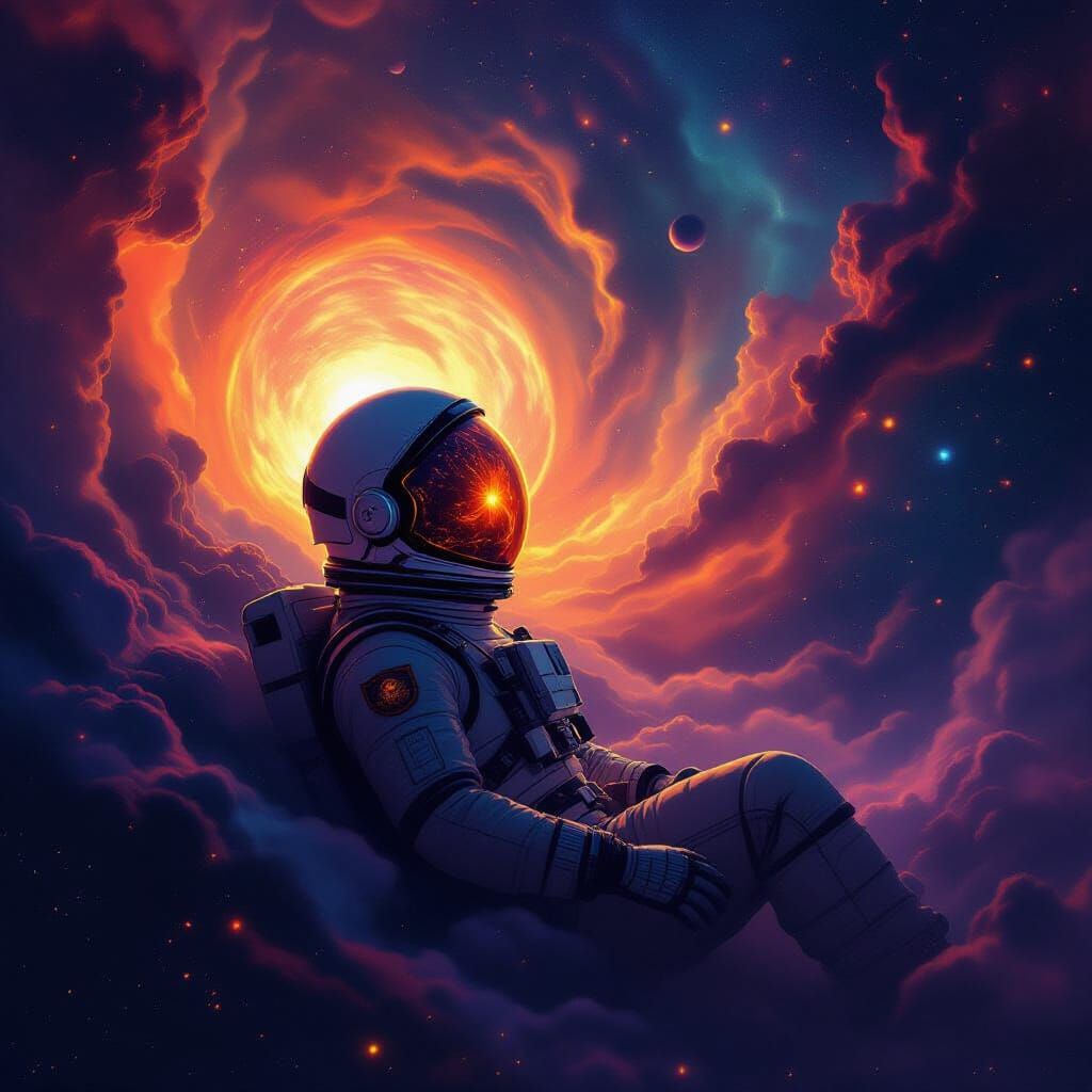 Astronaut Adrift in Cosmic Nebula Reflecting Alien Suns