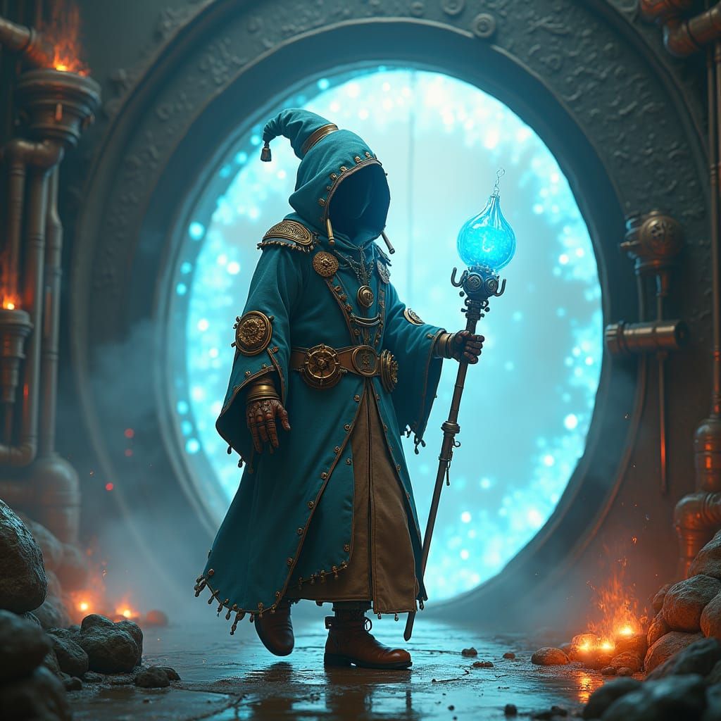 Robot Wizard Stepping into Steampunk Portal