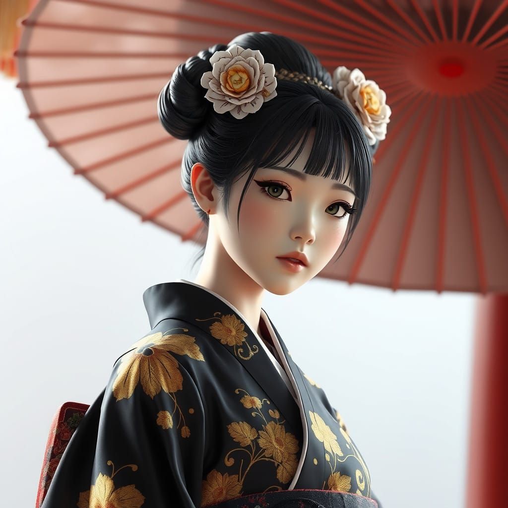 Traditional Japanese Woman in Elegant Black Kimono with Gold...