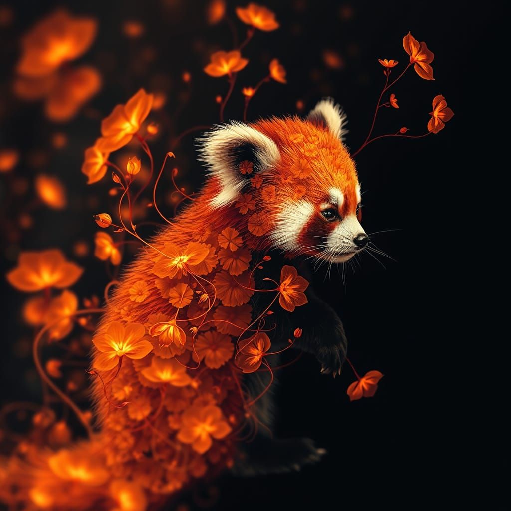 Surreal Red Panda Silhouette with Bioluminescent Flora