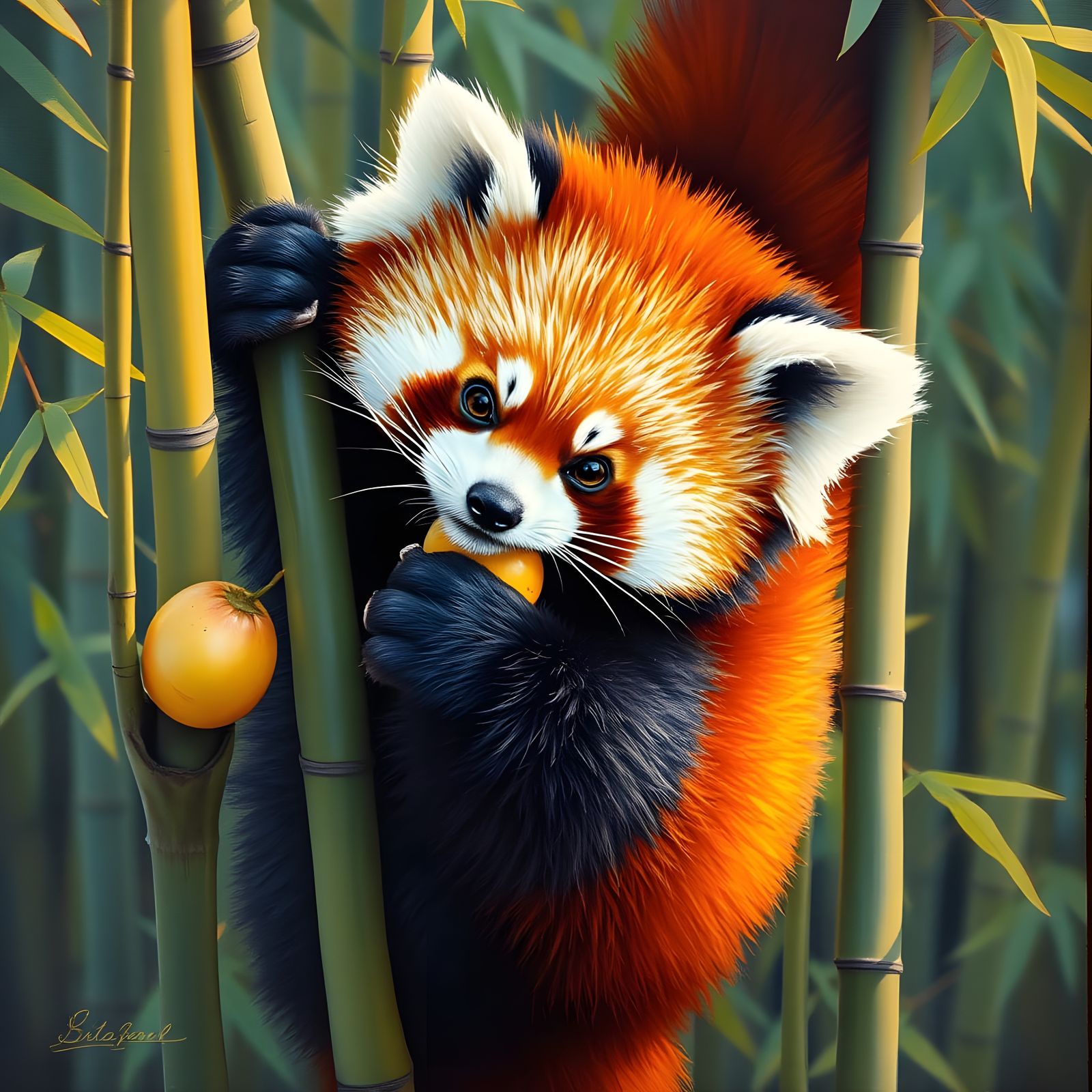 Red Panda Eating Fruit in Bamboo Forest, Impressionist Style