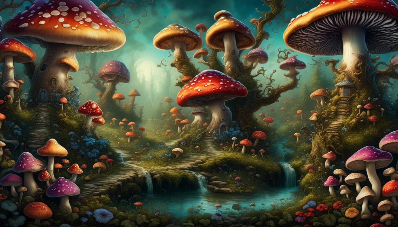 Whimsical Mushroom Garden in Burtonesque Style
