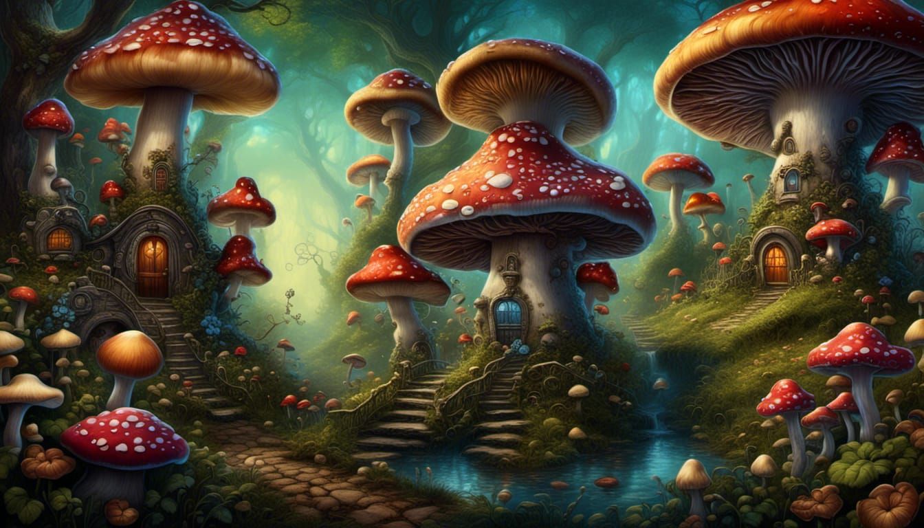 Whimsical Mushroom Garden in Burtonesque Style