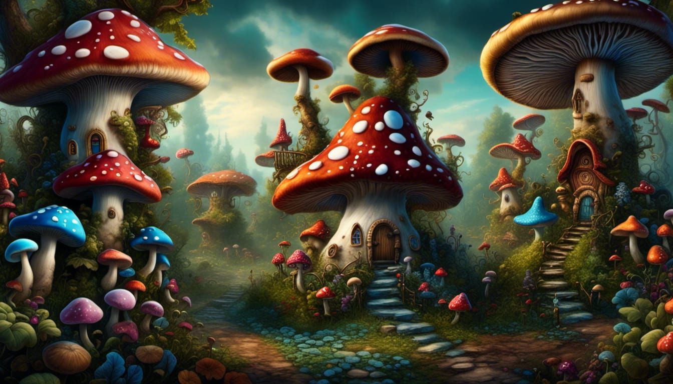 Whimsical Mushroom Garden in Burtonesque Style