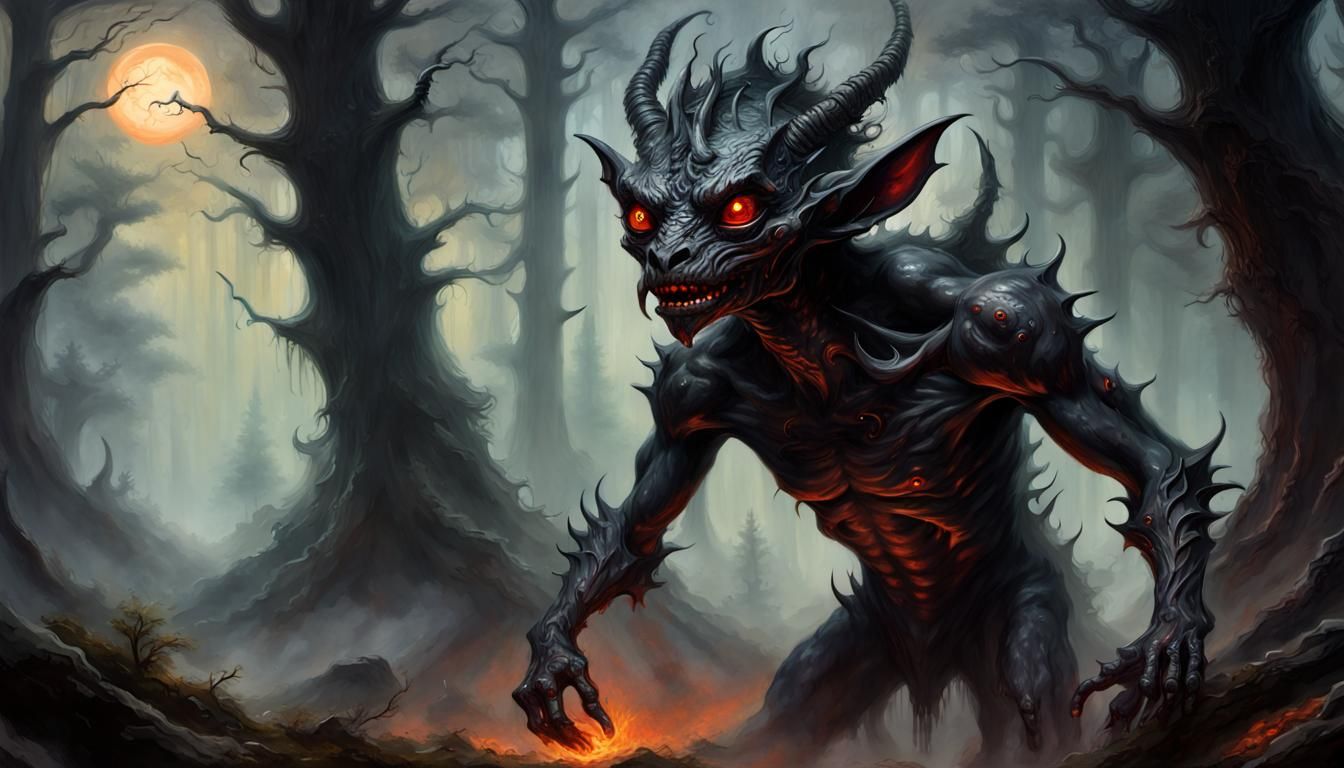 Scary Metallic Demon in Ethereal Forest Oil Painting