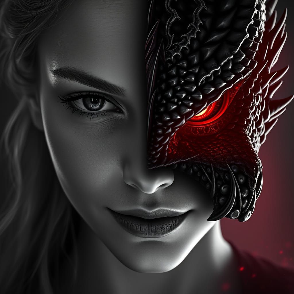 Mesmerizing Woman-Dragon Duality in Monochrome